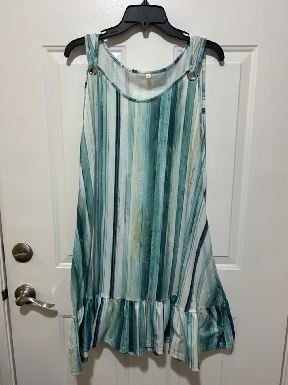 Sleeveless Ruffle-Hem Striped Tunic Dress in Teal & White